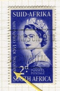 SOUTH AFRICA; 1953 QEII Coronation issue 2d. fine used PLATE FLAW value