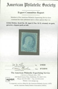 U.S. #20 MINT WITH APS CERT