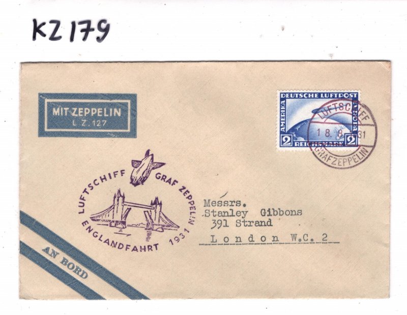 GERMANY Cover GRAF ZEPPELIN 2m Air Mail 1931 *ENGLANDFAHRT* Cachet Gibbons KZ179