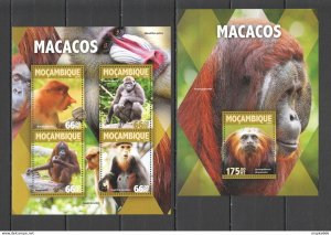 2016 Mozambique Animals Fauna Monkeys 1Kb+1Bl ** St2168