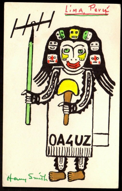 QSL QSO Radio Card Lima,Peru,OA4UZ,Pic of Native With Antenna, (Q3347)