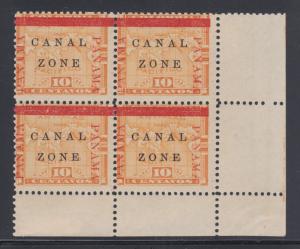 Canal Zone Sc 13 MNH. 1904 10c yellow Map, sheet corner block of 4