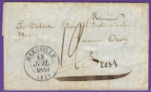 1840 NASSAU to MARSEILLE to BREST, FRANCE, 2 Slit Fumigation, PURIFIE AU LAZARET