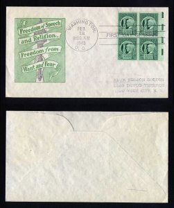 # 908 Block of 4 First Day Cover addressed with Ioor cachet dated 2-12-1943 - #2