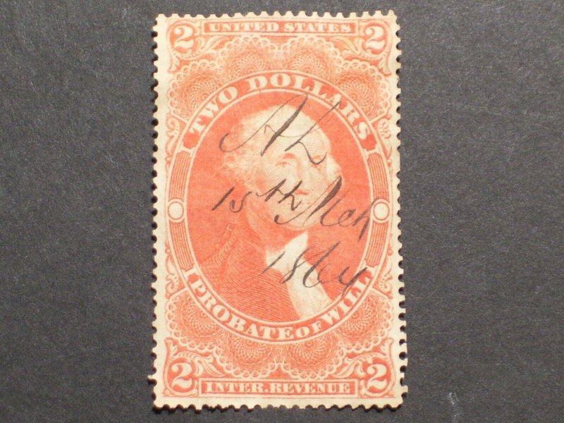 US Revenue Stamp Cat# R83c   $2.00 Probate Of Will  - 1864 Signature Cancel