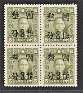 China 1940 甘肅 Kansu Surch. 3c on 5c SYS (1v Cpt, 低勾分 Low hook 分, B/4) MNH