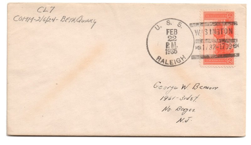 USS RALEIGH (CL-7) Light Cruiser • 1930 Naval Cover WASHNGTON 1722-1799 Cancel