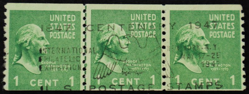 U.S. Used Stamp Scott #839 1c Prexie Line Pair Strip/3. Intl Phil Exhib Cancel.