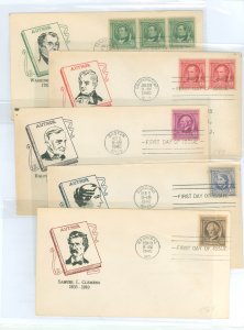 US 859-863 1940 Authors (set of five) part of the famous American series on five first day covers with matching cachet craft cac