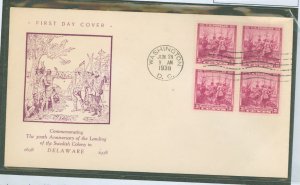 US 836 1938 3c Delaware Tercentenary bl of 4 on an unaddressed FDC with a Holland cachet