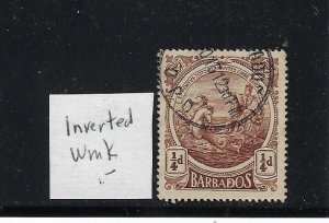 BARBADOS  STANLEY GIBBONS #181W-GEORGE V  1/4D 1916 INVERTED WMK - USED