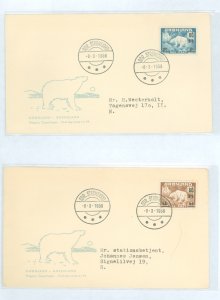 Greenland 39-40 1956 polar bear overprints, set of 2 on 2 addressed, typed fd covers with matching magasin cachets