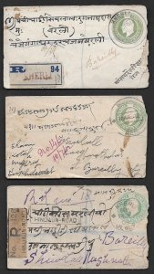 INDIA 1900 THREE REGISTERED UPRATED 1/2 ANNA POSTAL COVER REGISTRATION LABELS
