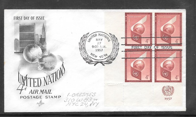 United Nations #C5 FDC Artcraft Inscription Block of 4 Cachet (my2892)