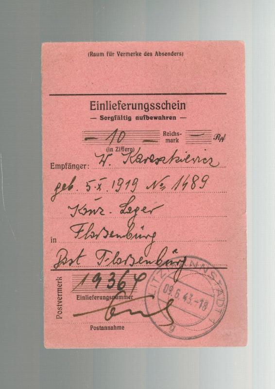 1943 Germany Flossenburg Concentration Camp money order Receipt W Karaskiewicz 2