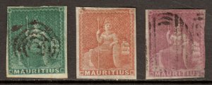 MAURITIUS — SCOTT 9-11 (SG 27-29) — 1858-62 BRITANNIA ISSUE — USED — SCV $590