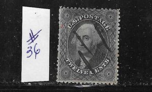 US #36 1857-61 WASHINGTON 12 CENTS (BLACK)- USED (FAULTS)