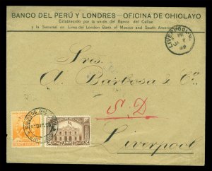 PERU 1898 UPU issues Sc#150+155  cover paying 22c to Liverpool  Payta transit