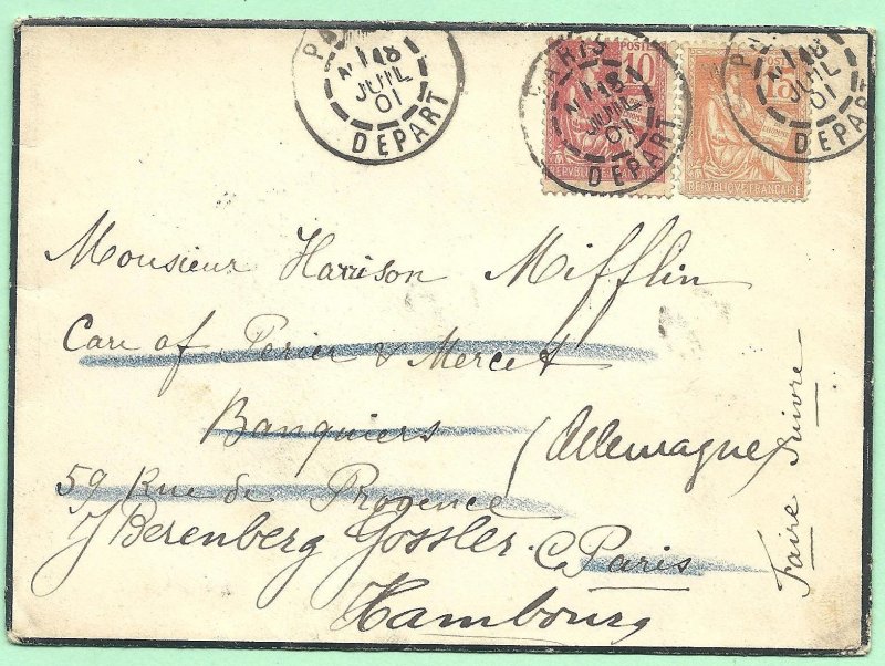 7/5/1901 Paris France Mourning cover #116/117 Mifflin forwarded Hamburg Germany