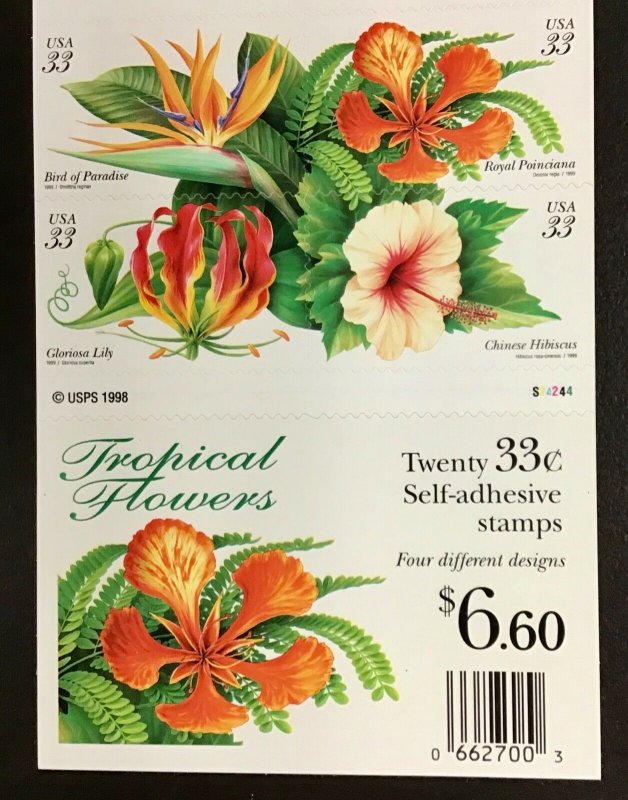 3313b  33 cent  Tropical Flowers Plate S24244  Mint pane of 20 1999  $6.60 face