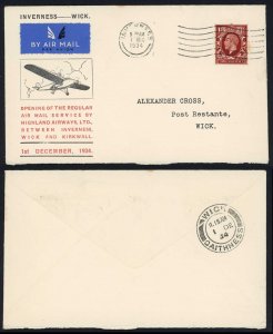 1st December 1934 Illustrated First Flight cover Inverness to Wick 1st December