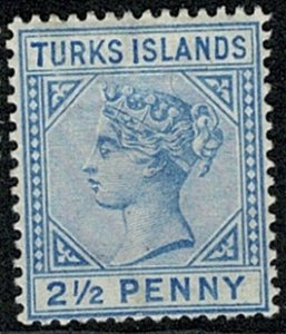 TURKS & CAICOS QV 1889-93 2 1/2d BLUE UNUSED(MH) SG65 Wmk.CROWN CA P.14 VGC (1)