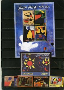 UGANDA 2003 PAINTINGS BY JOAN MIRO SET OF 4 STAMPS, SHEET OF 4 STAMPS & S/S MNH