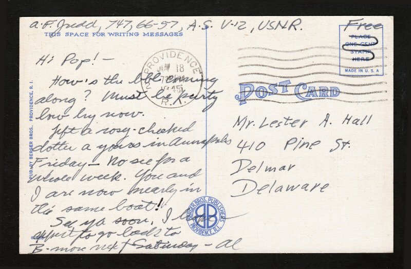 SOLDIERS FREE MAIL ⭐ USNR ⭐ POSTCARD PROVIDENCE RI VAN WICKLE GATES POSTED 1945 