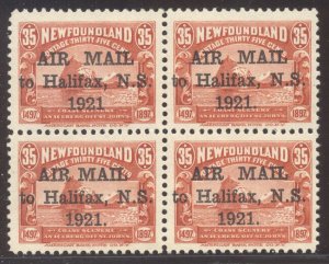 NEWFOUNDLAND #C3, b, f Mint BLOCK w/ Cert - 1921 35c Red, Air Mail