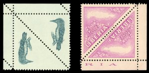 Liberia #344, 1953 5c Kingfisher, two square pairs, one with center only, the...