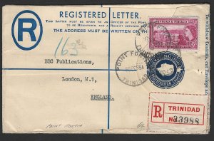 Trinidad & Tobago 1955 8c Registered Letter uprated 5c POINT FORTIN to BBC Pub