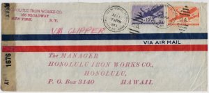 1943 New York, NY to Honolulu, Hawaii Clipper Airmail, Censored, 10c & (C5954)