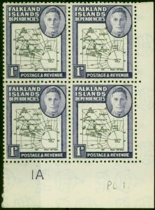 Falkland Island Dep 1946 1d Black & Violet SGG2 Fine MNH Pl.1a Corner Block of 4