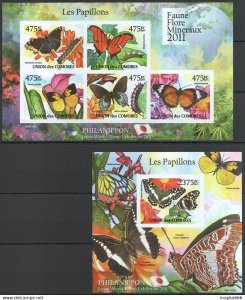 Imperforate 2011 Comoros Fauna Les Papillons Butterflies Kb+Bl ** Uc228