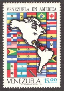 1972 Venezuela Sc# 1000 - 15.00 Americas Map & Flag stamp - MNH Cv$13.50