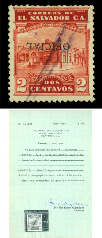 EL SALVADOR 1927 OFFICIALS  Gymnasium 2c red Sc# O353 used INVERTED ovpt. w/Cert