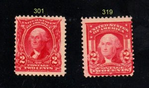 #301, 319 Two Cent Washingtons   BOTH MINT OGNH⭐⭐⭐⭐⭐