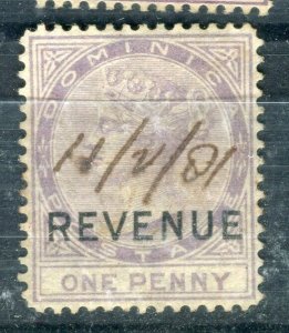 DOMINICA; 1880s early classic QV REVENUE Optd. issue fine used 1d. value