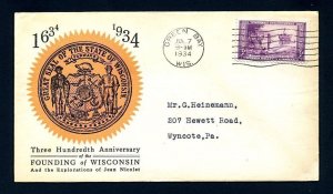 # 739 First Day Cover with LinPrint cachet Green Bay, Wisconsin - 7-7-1934