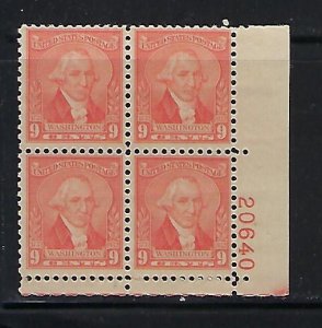 US #714 1932 WASHINGTON ISSUE 9C (PALE RED) -PLATE# BLOCK OF 4 -MINT NEVER HIGED