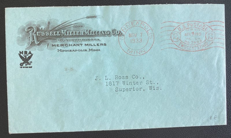 1933 Minneapolis MN USA Advertising Cover To Superior WI Miller Milling Co