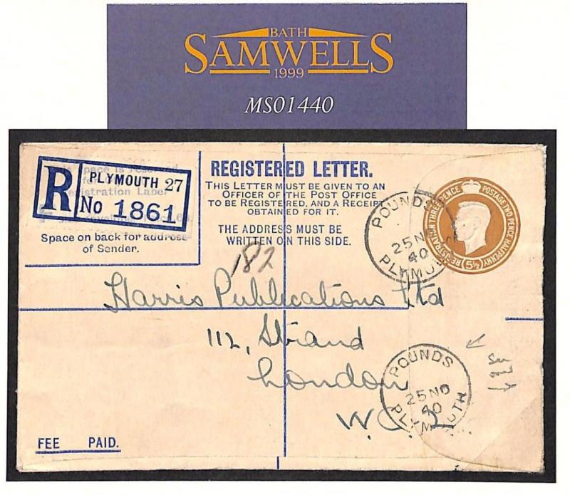 MS1440 1940 WW2 GB DEVON *Pounds* Plymouth Sub-Office Registered Cover London