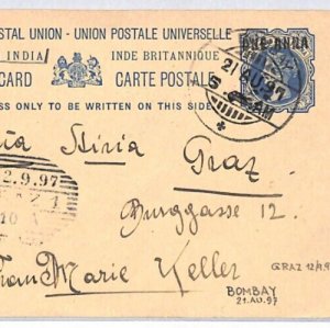 INDIA QV Stationery Card Surcharge Bombay AUSTRIA DESTINATION Graz 1897 PJ244