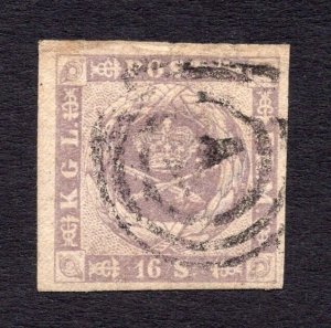 Denmark 1857 16s Gray Lilac Dotted Spandrels #6 Facit 6 Good Used, Large Margins