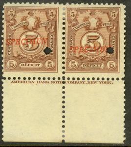 PERU 1921 5c Postage Due Imprint Pair Ovptd SPECIMEN ABNC Punch Sc J46 MH