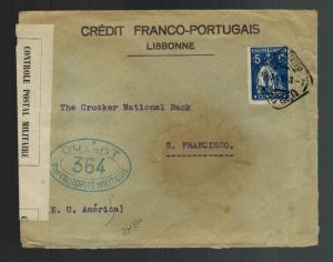1916 Lisbon Portugal Censored cover to San Francisco USA Franco Portuguese Bank
