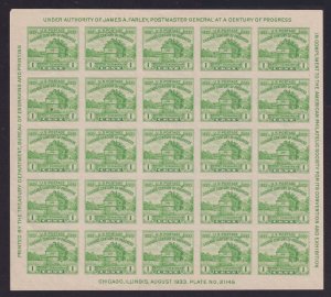 US 730 1c x 25 yl.grn. M NGAI CENTURY OF PROGRESS FARLEY ISSUED SOUVINER SHEET