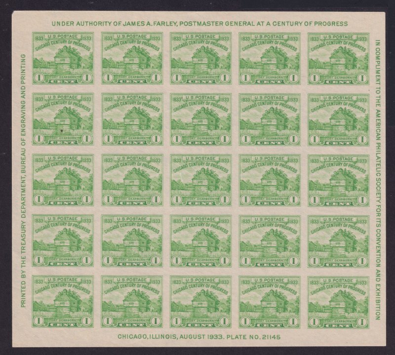 US 730 1c x 25 yl.grn. M NGAI CENTURY OF PROGRESS FARLEY ISSUED SOUVINER SHEET