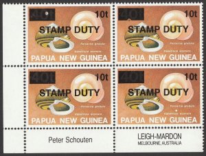 PAPUA NEW GUINEA c1989 'STAMP DUTY' Shells 10t on 40t block inscriptions. MNH **