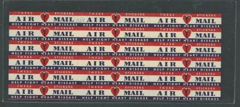 Ca 1956 Airmail Etiquette Block Of 18 Mint For Heart Disease Rare Size 63 X 13MM